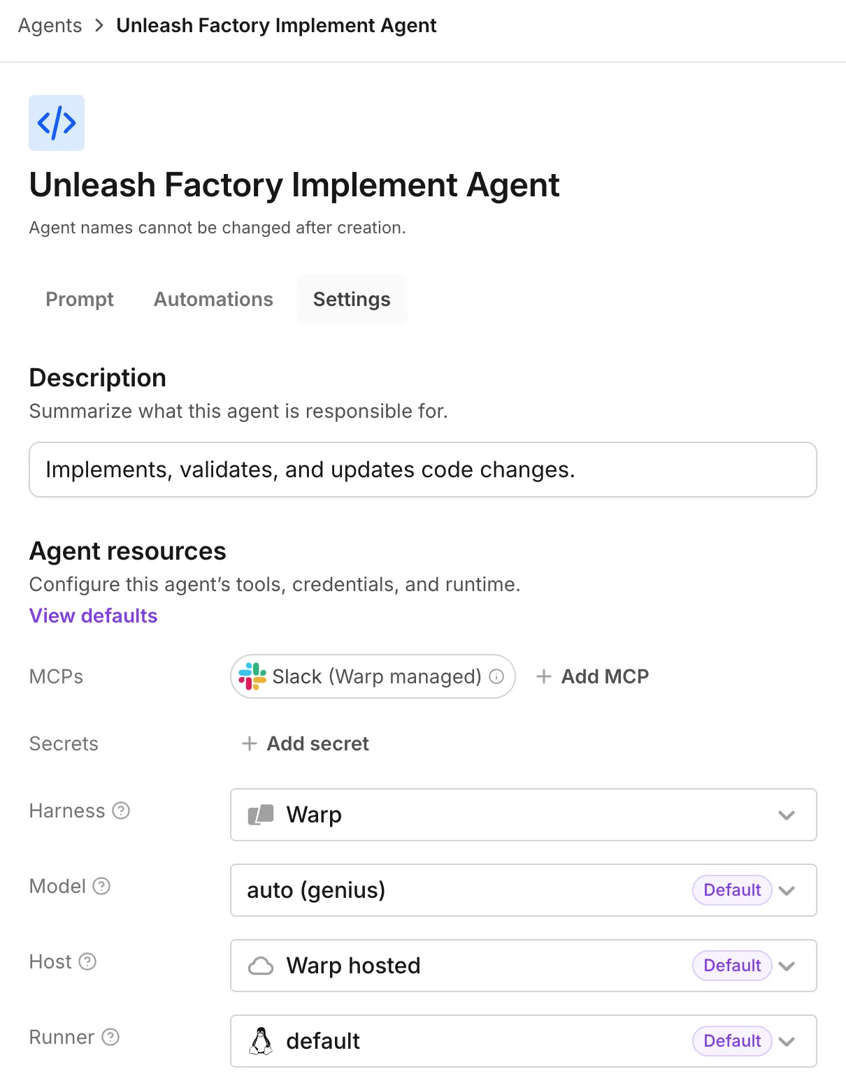 An Implement agent's Settings tab showing its description, MCPs, secrets, and Harness, Model, Host, and Runner dropdowns.